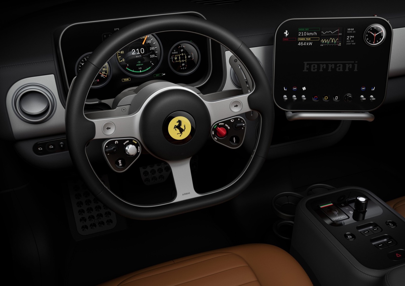 Driver's view of the Ferrari Luce dashboard, showing the steering wheel, instrument cluster, side-mounted infotainment screen and physical control panel