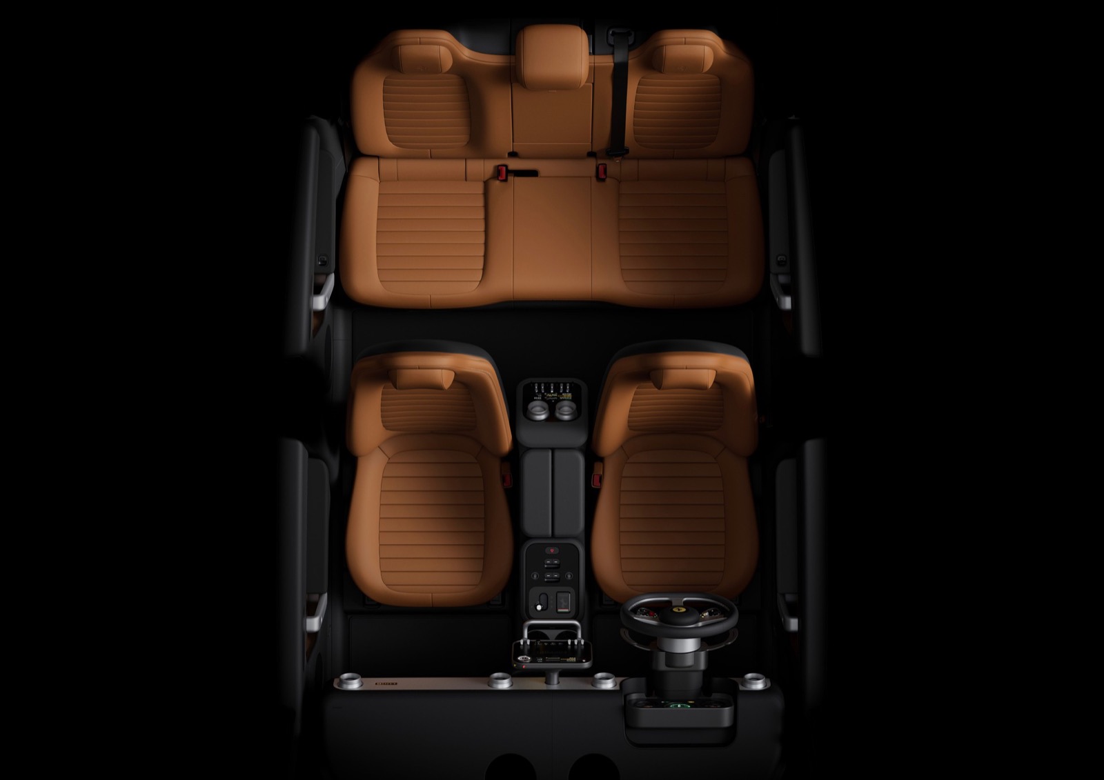 Top-down view of the Ferrari Luce interior, showing two front seats and a three-seat rear bench in tan leather