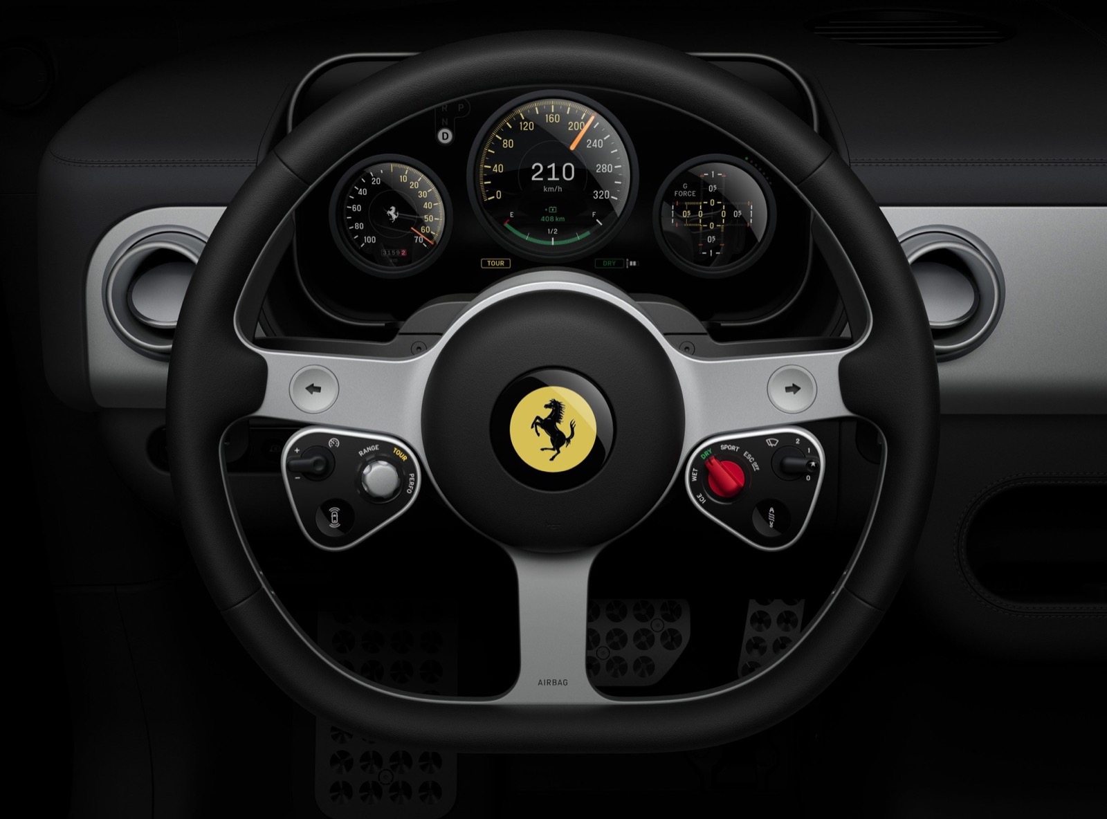Close-up of the Ferrari Luce steering wheel showing three round instrument binnacles, physical drive-mode dials and a manettino